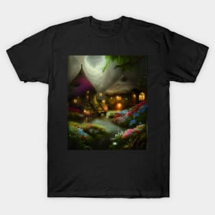 Sparkling Fantasy Cottage with Lights and Glitter Background in Forest, Scenery Nature T-Shirt